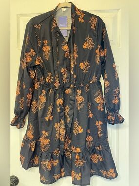 Floerns Black Long-Sleeve Tiered Dress with Orange Floral Print